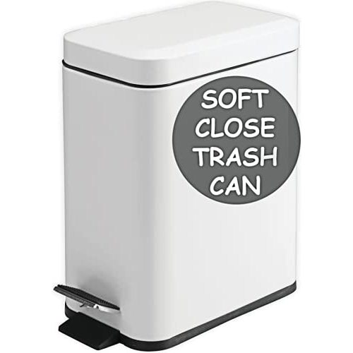 Homie Soft Close, Slim Trash Can 2.6 Gallon with Anti - Bag Slip Liner and Lid, Use as Mini Garbage Basket, Slim Dust Bin, or Decor in Bathroom, Restroom, Kitchen, or Bedroom (Shiny White) - 10L / 2.6 Gallon