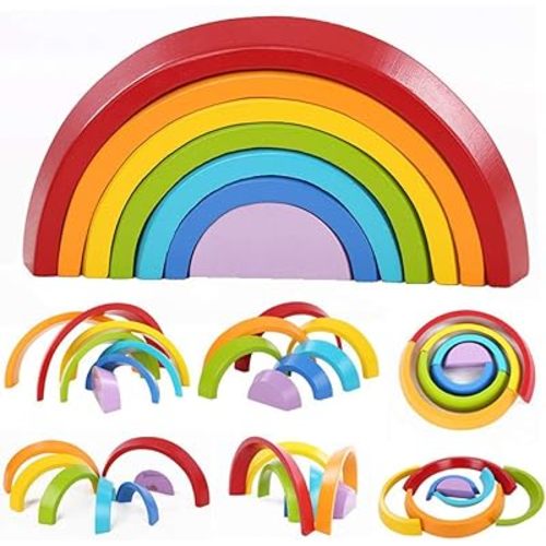 Montessori Wooden Rainbow Toy Colored Arch Bridge Blocks Set Shape Sorting Game Learning Toy Stacker Nesting Assembly Puzzle Piece