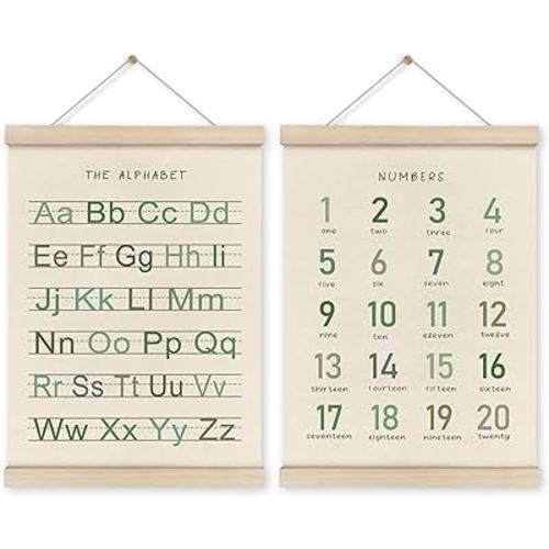 HRQKO Alphabet Numbers Poster Hanger Frame Set of 2, Nursery Wall Decor, Boho ABC Poster Wall Art with Wooden Frames, Sage Green Alphabet Banner Wall Hanging Decor for Toddler Playroom, 12x16 Inch