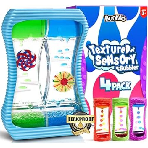 BUNMO Liquid Motion Bubbler with Sensory Texture - Liquid Timer - Bubble Timer - Liquid Motion Sensory Toys for Autism, Calming & Sensory Exploration - Kid Sensory Bottles Tubes - Large 4 Pack