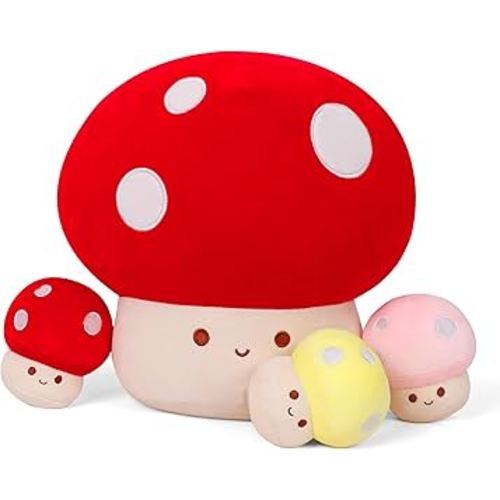 4PCS Mushroom Plush, 12 Inch Mushroom Plush Pillow with 3 Babies, Mushroom Stuffed Animals, Plush Toy Pillows, Mushroom Stuffed Pillow Room Decor Gift for Kids Adults