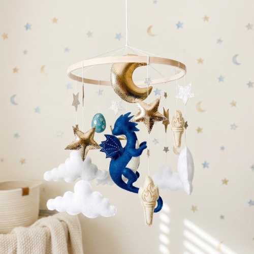 Dragon Felt Crib Mobile, Moon Stars Nursery Decor, Fantasy Nursery Mobile (Baby Shower Gift)