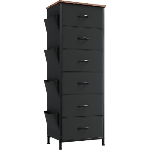 Somdot Tall Dresser for Bedroom with Side Pockets, 6 Drawer Storage Organizer Chest of Drawers with Fabric Bins for Closet Bedside Nursery Living Room Entryway Hallway, Black Rustic Brown