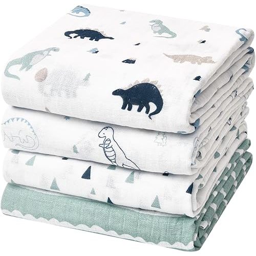 david's kids 4 Pack Baby Muslin Swaddle Blankets, 100% Cotton Swaddling Blankets Wrap for Boys Girls, Ultra Soft Breathable Receiving Blanket, New Born Essentials, Dinosaur