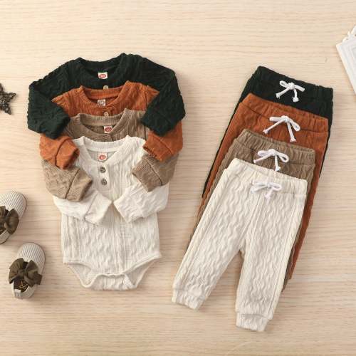 Adorable Knit Baby Boy 2 Piece Long Sleeve Sweater Romper And Pants
