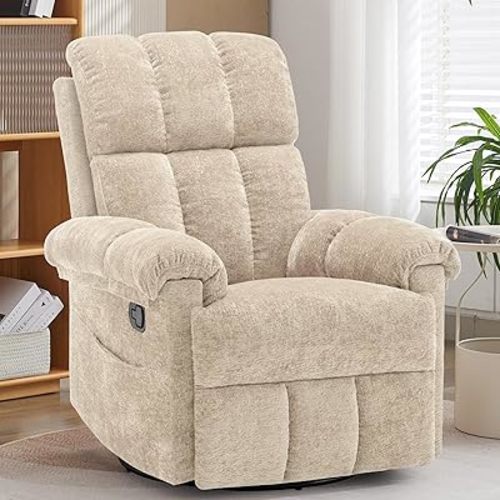 Recliner Chair, Swivel Rocker Recliner Chair for Adults, Small Recliners for Small Spaces, Upholstered Manual Recliner with Side Pockets, Nursery Rocking Chair for Living Room, Chenille, Khaki