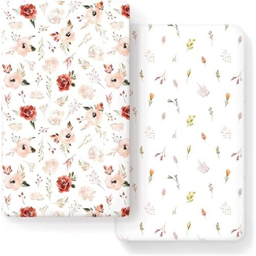 Stretch Ultra Soft Jersey Knit Fitted Crib Sheets Set 2 Pack, Fits All Standard Crib Mattress Pads Safe and Snug, Crib Fitted Sheet for Baby, Pretty Watercolor Rose Flora for Baby Girls, Orange Pink