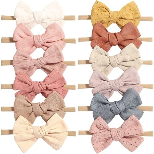 jollybows 12pcs Baby Girls Hair Bows Nylon Elastic Headband Hair Accessories for Infants Toddlers Newborn