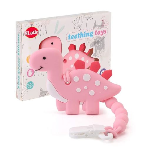 Baby Teething Toys for Babies 3-6 6-12 Months, Dinosaur Teether Pain Relief Toy with One Piece Design Pacifier Clip Holder Set, Freezer Safe Neutral Shower Gift for Boys and Girls (Pink) - Pink, Round