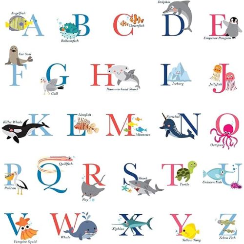 DECOWALL DS-8040 A-Z Ocean Alphabet Kids Wall Stickers Wall Decals Peel and Stick Removable Wall Stickers for Kids Nursery Bedroom Living Room (Small) d?cor