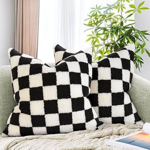 AmHoo Pack of 2 Decorative Throw Pillow Covers Checkerboard Luxury Super Soft Faux Fur Wool Set Case Cushion for Couch Sofa Bedroom 20 x 20-Inch Black