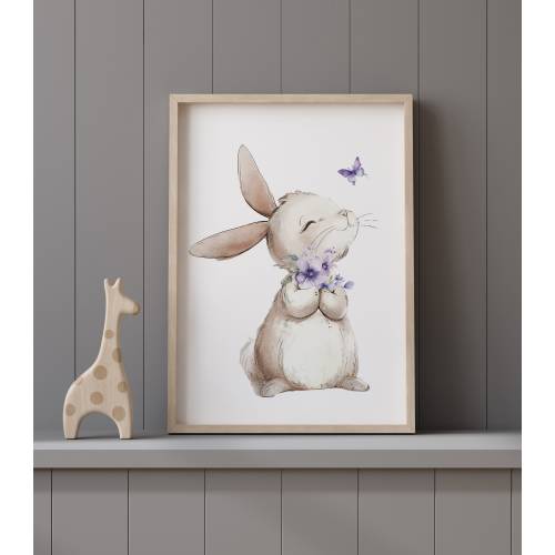 Bunny Nursery Print: Purple Lilac Floral Rabbit Art