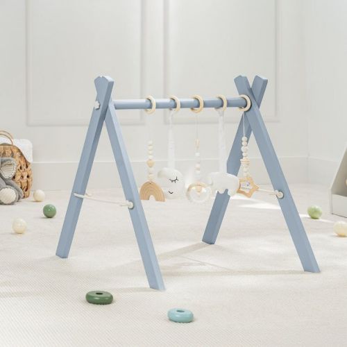 Wooden Baby Play Gym Set, Interactive Activity Center Hanging Bar with Gym Toys By Comfy Cubs, Pacific Blue