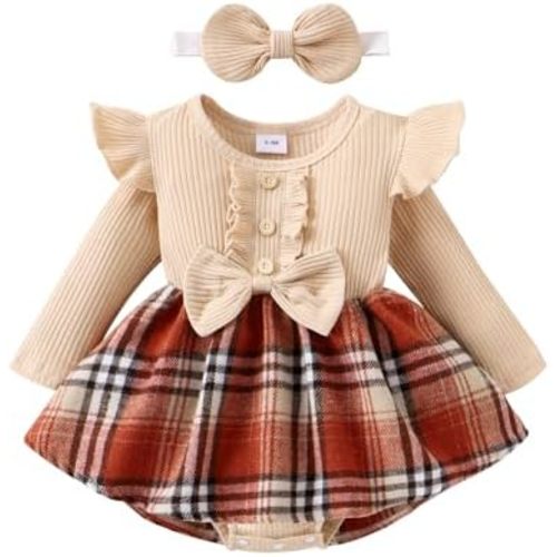 Newborn Baby Girl Fall Winter Outfit Set Plaid Romper Dress Ruffles Long Sleeve Clothes Jumpsuit with Bow Headband