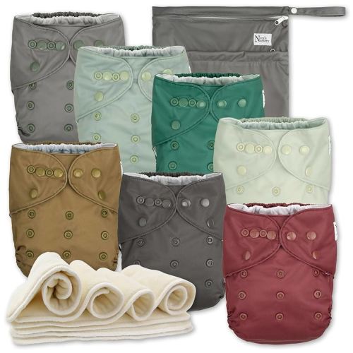 Nora's Nursery AWJ Cloth Diapers 7 Pack with 1 Wet Bag - Waterproof Cover, Washable, Reusable & One Size Adjustable Pocket Diapers for Newborns and Toddlers - Hickory