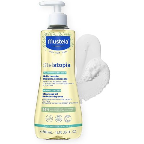 Mustela Stelatopia Eczema-Prone Skin Cleansing Oil - Baby Body Wash with Natural Avocado & Sunflower Oil - Family Skin Care Essentials - EWG Verified - Fragrance-Free & Tear Free - 16.9 fl. oz.