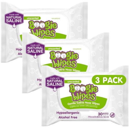Baby Wipes by Boogie, Saline Wet Wipes for Nose, Face, Hand & Body, Made with Vitamin E, Aloe, Chamomile and Natural Saline, Unscented 30 Count Pack of 3