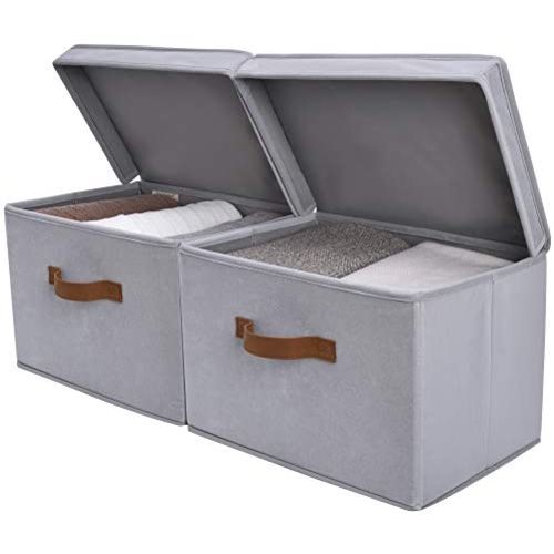 StorageWorks Decorative Storage Boxes, Storage Basket with Lid and Handles, Gray, Large, 2-Pack