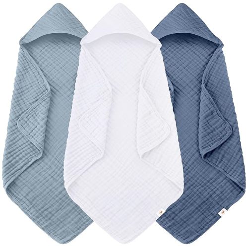 Sunny zzzZZ Muslin Hooded Baby Bath Towels - 3 Pack 100% Cotton Soft Low-Saturation Pastel Towels Including Classic White for Newborns, Infants, Toddlers - 32x32 Inch - Light Navy and White