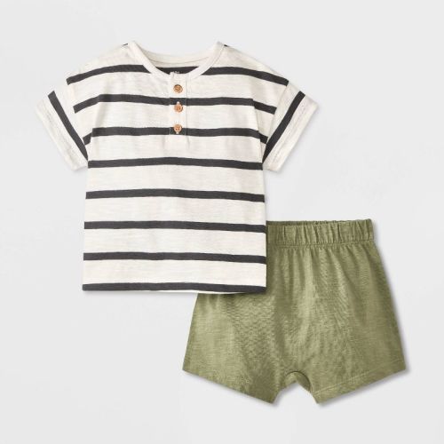 Baby Boys' Short Sleeve Top & Bottom Set - Cat & Jack™ Cream/black 0-3m: Lightweight Cotton Knit, Front Button Down