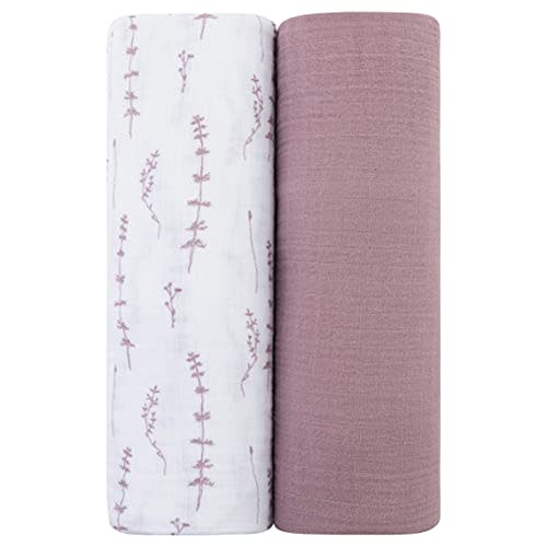 Ely's & Co. Muslin Swaddle Blanket 2-Pack — 100% Cotton Muslin Extra-Large Swaddle Blankets (47” x 47”) Solid + Printed (Delicate Leaves + Solid Lavender)