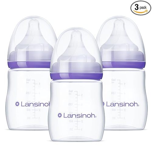 Lansinoh Anti-Colic Baby Bottles for Breastfeeding Babies, 5 Ounces, 3 Count, Includes 3 Slow Flow Nipples, Size S