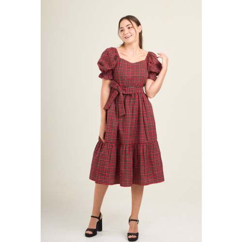 Ann Midi Dress with Nursing Zippers in Red Tartan Plaid
