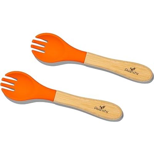 Avanchy Baby Fork Set, Bamboo and Silicone Spork Utensils, 2 Pack, Orange