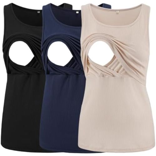 Ecavus Women's 3-Pack Ribbed Nursing Tank Tops Sleeveless Maternity Breastfeeding Shirts Double Layer Pregnancy Clothes