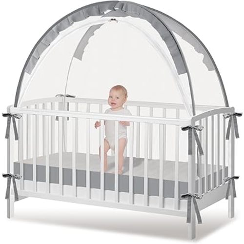 Crib Tent - Crib Net to Keep Baby in, Stop Baby from Climbing Out of Crib, Pop Up Baby Crib Tent with Durable Breathable Net Double Zipper Strong Rods Installation Convenience