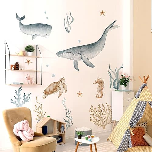 Under The Sea Wall Decals Large Whale Shark Wall Stickers Ocean Animals Wall Decals Baby Kids Boys Girls Room Bedroom Wall Decor