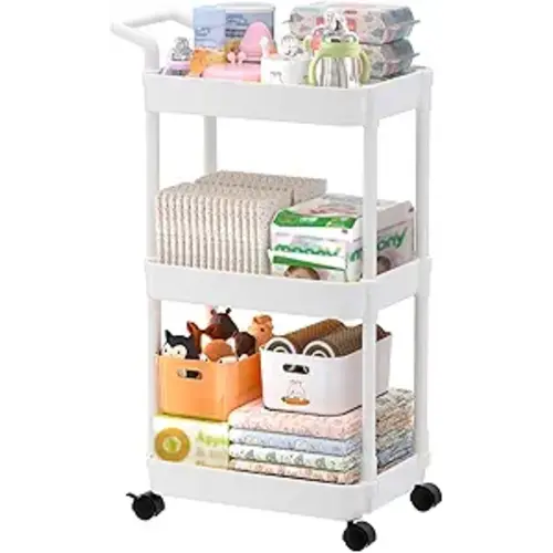 Volnamal Baby Diaper Caddy, Plastic Movable Cart for Newborn Nursery Essentials Diaper Storage Organizer for Changing Table & Crib, Easy to Assemble, Baby Registry, Off-White