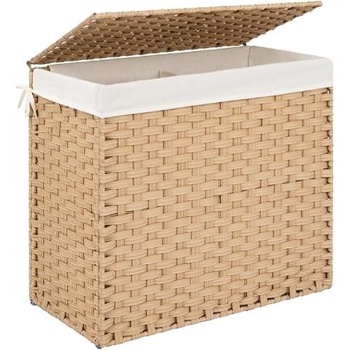 StorageWorks 130L Wicker Laundry Hamper with Lid, 2 Section Wicker Laundry Basket, Large Basket for Dirty Clothes, Hamper with Washable Linen Liner