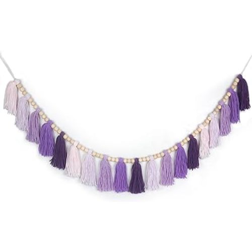 Purple Yarn Wood Bead Tassel Garland Wall Hanging Decor Boho Lavender Banner Tassels for Classroom Baby Shower Birthday Party Nursery Girls Dorm Room Bedroom Wedding Decorations