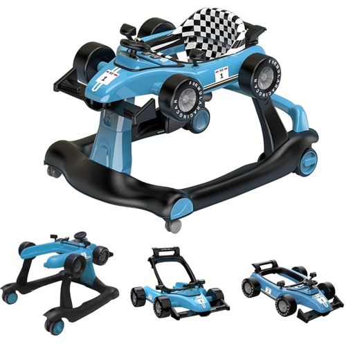 4-in-1 Baby Walker, Foldable Activity Walker with Adjustable Height & Speed, Music, Lights, Steering Wheel, Activity Baby Push Walker for Boys Girls Aged 6–18 Months (Blue)