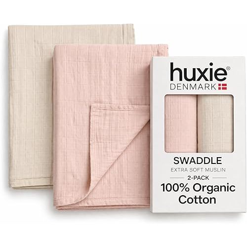 Huxie Muslin Baby Swaddle Blanket 100% Organic Cotton 47” x 47” 2-Pack (Fog/Blush)