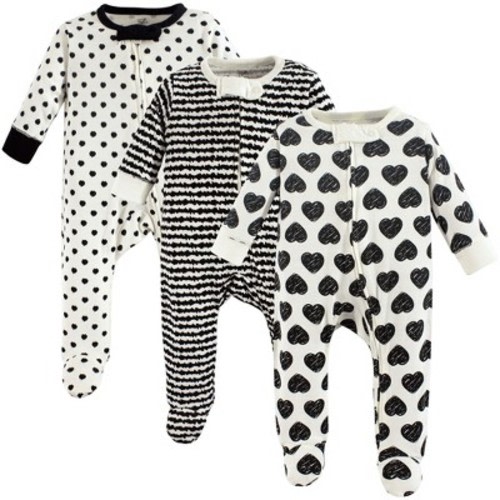 Touched by Nature Baby Girl Organic Cotton Zipper Sleep and Play 3pk, Heart, 0-3 Months
