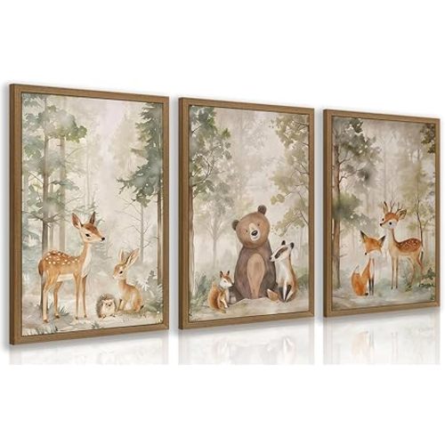 Clicyre Woodland Animal Wall Art Set of 3, Teddy Bear Nursery Wall Decor, Cute Deer Fox Bear Canvas Prints, Rustic Wildlife Forest Artwork for Boys Girls Nursery Bedroom Wood Framed 12x16 Inch