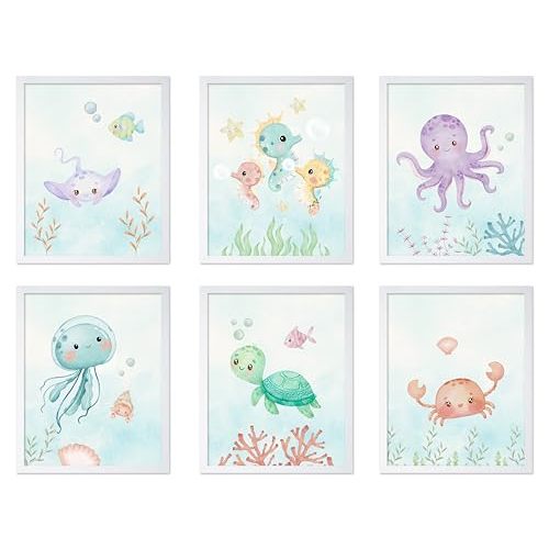 Poster Master 6-Piece Sea Animals Poster - Aquatic Print - Pastel Color Art - Marine Life Art - Gift for Boys, Girls & Parents - Decor for Playroom, Kid's Room or Nursery, 8x10 White Framed