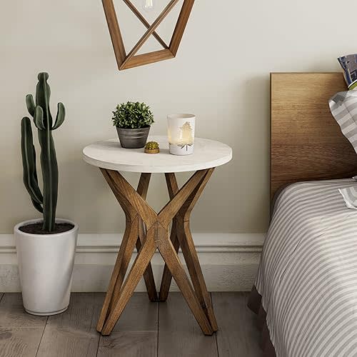 LONYKE Pedestal Farmhouse End Table, Distressed Top with Tripod Base Bedside Table for Living Room, Modern, Boho Decor, Round (1 Pack, White & Walnut)