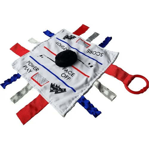 Baby Jack & Co 10x10” Hockey Sports Lovey Sensory Plush Blanket - Tag Toys for Babies - Baby Stroller Toys - Learn Shapes, Letters & Colors - MVP Baby Puck Toy & Baby Sports Gift w/Stroller Clip