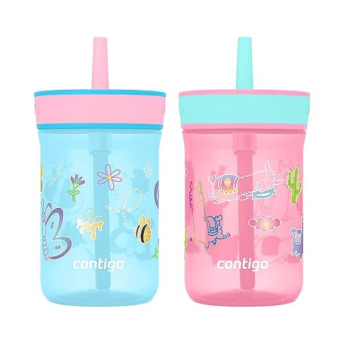 Contigo Leighton Kids Plastic Water Bottles, Spill-Proof Tumblers with Straw, Dishwasher Safe, 14oz 2-Pack in Blue Raspberry/Butterflies & Azalea/Llamas Themes - Ideal for Toddlers and Older Kids