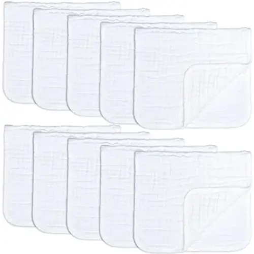 Muslin Burp Cloths 10 Pack Large 100% Cotton Hand Washcloths 6 Layers Extra Absorbent and Soft by Comfy Cubs (White, Pack of 10)