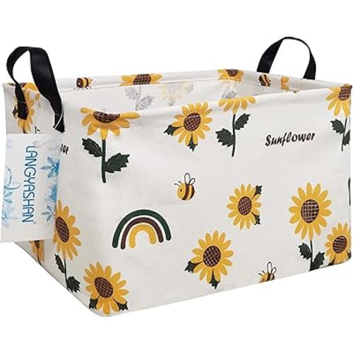 LANGYASHAN Rectangular Storage Bin Collapse Canvas Fabric Cartoon Storage Basket with Handles for Organizing Home Kitchen Boys and Girls Toys Office Closet Shelf Baskets(Rec Sunflower)