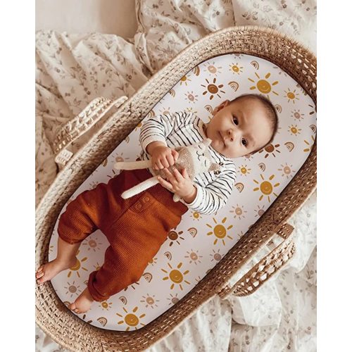 Babebay Bassinet Sheet Fitted for Baby Boy and Girl, Jersey Knit Cotton for Natural Comfort Fitted for Oval, Hourglass and Rectangular Mattress, Soft and Safe, 2 Pack (Rainbow and Sun) - Rainbow & Sun - Bassinet Sheets 2 Pack