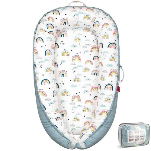Baby Lounger - Baby Lounger for Newborn 0-24 Months, Breathable & Soft Baby Nest, Portable and Lightweight Lounger for Home and Travel, Ideal Newborn Babies Essentials (Blue-Rainbow)