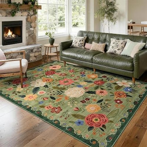 5x7 Washable Area Rug Green Boho Floral for Living Room Bedroom Nursery