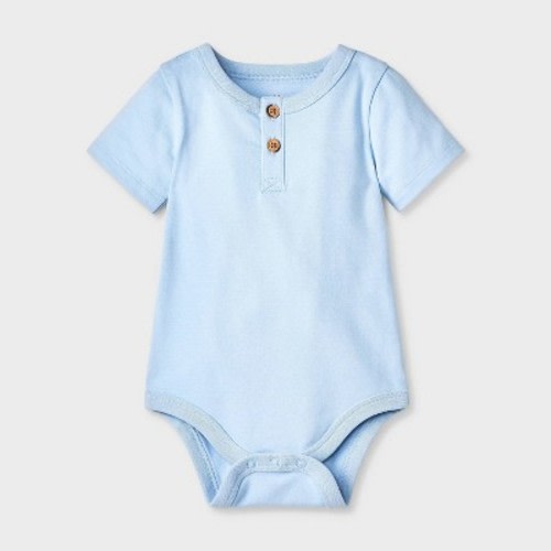 Baby Boys' Henley Bodysuit - Cat & Jack™ Light Blue Newborn: Cotton Blend, Front Button Down, Crotch Snap, Short Sleeve