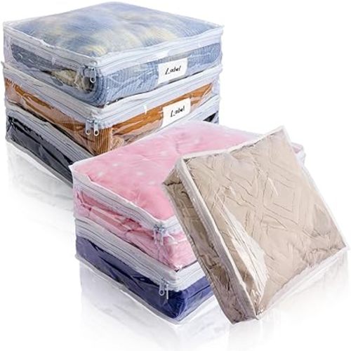 Clear Zippered Storage Bags Plastic Sweater Storage Bags with Zipper 6 Packs Clothing Organizer for Blankets Linen Sweater Bed Sheet Quilt Clothes Pillow (12 x 12 x 4 Inch, White)
