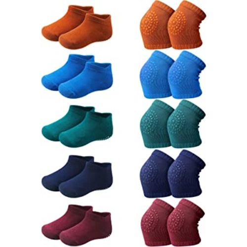 10 Pairs Baby Crawling Anti Slip Knee Pads and Anti Slip Baby Socks Set Unisex Toddler Knee Protectors Non Slip Ankle Socks